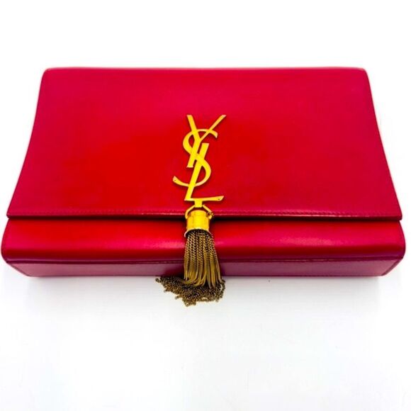 Auth Saint Laurent Red Leather Pompom Kate Clutch Pouchette Tassel Preloved Ex++ - Picture 3 of 16